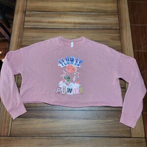 Pastel Pink LS Oversized Crop Sweatshirt "Flower Power" - Size Large